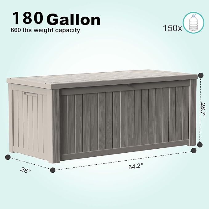 EasyUp 180 Gallon Outdoor Storage Box Waterproof, UV Resistant Resin Deck Box with Hydraulic Rod, Reinforced Stability for Patio, Garden, and Pool, Striped Gray