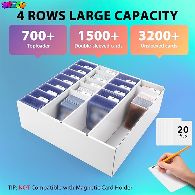 Trading Card Storage Box, 4 Row 3200 Count Collector Cards Box with Divider, White Corrugated Cardboard Compatible with Top Loader Organizer Sorting Tray Box for Sports Cards, MTG, TCG Cards (1-Pack)