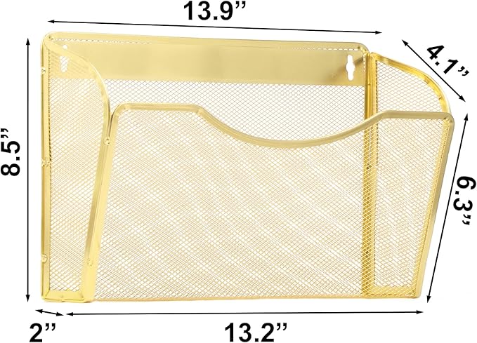 EASEPRES 3 Single Pocket Mesh Hanging File Organizer, Vertical Wall Mounted Magazine File Holder, Mount Basket Mail Paper Document Folder Organizing for Office, Home and School, Gold
