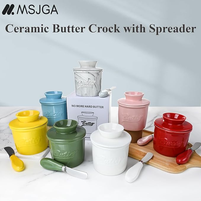 Ceramic Butter Crock with Lid & Spreader Knife, Butter Keeper - Ideal Butter Storage & Countertop Butter Dish, Yellow