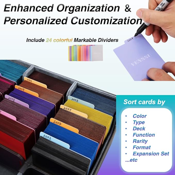 Venssu Card Storage Box For Trading Cards With Dedicated Card Supporters,3000+ Mtg Deck Box With 24 Colorful Divider Tabs,Trading Card Storage Fits For Magic Game Cards (Black and Grey)