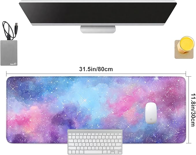 Galaxy Mouse Pad Large, Extended Gaming Desk Mat – 31.5 x 11.8 in – Watercolor Nebula Starry Sky Design, Stitched Edges, Non-Slip Base, Keyboard and Mouse Pad for Office & Home