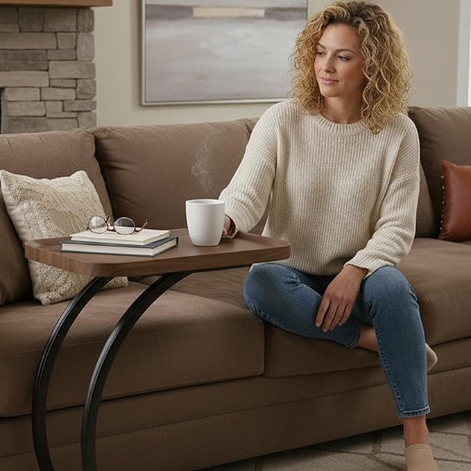 C Shaped end Table,2tier Large Tray Wood top,Easy Install Heavy Duty Side Table,TV Tray for Couch Sofa