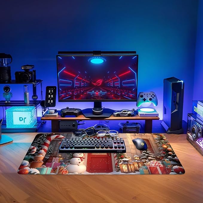 Christmas Scene Gaming Mouse Pad 31.5"x11.8"Desk Mat Anti-Slip Rubber Base & Durable Stitched Edges for Gamers Smooth Mouse Writing Surface for Desk Office/Home