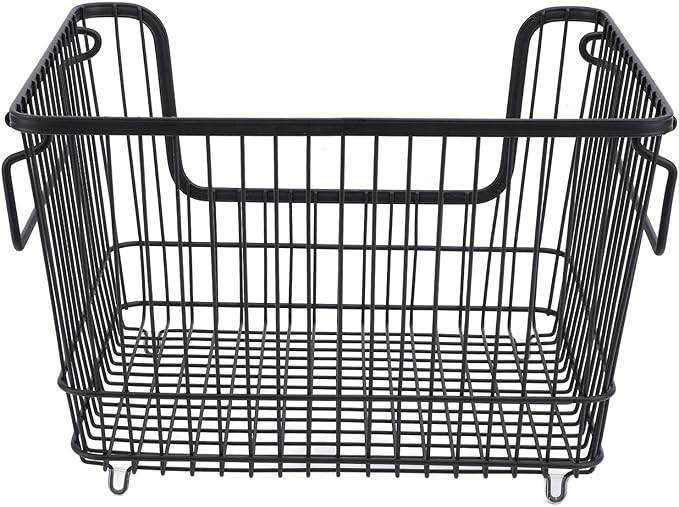 Freezer Organizer Bin, Stackable Wire Basket for Freezer, Heavy Duty Metal Storage Basket with Easy Access Front Opening, for Fruits Meat Vegetables in Kitchen Home Use, Bl