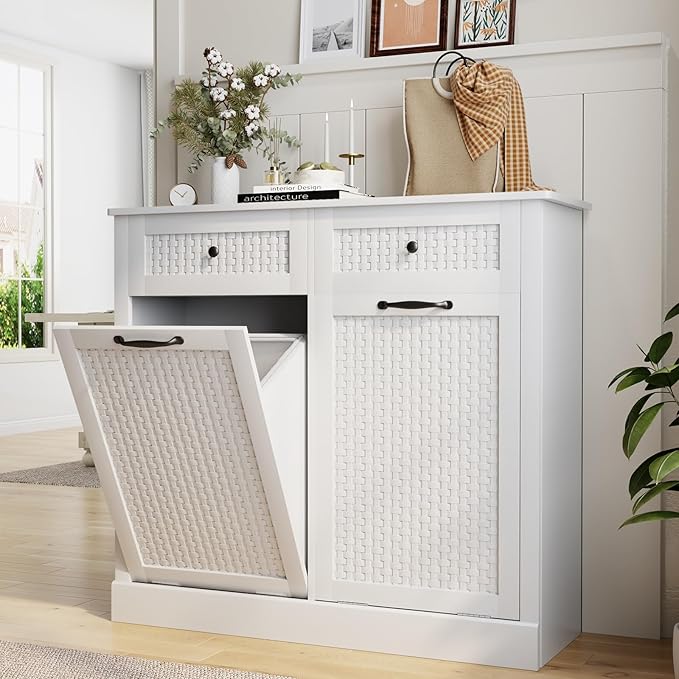 Double Tilt Out Laundry Hamper Cabinet,10 Gallon Laundry Cabinet with Drawers ＆ 2 Hidden Baskets, Farmhouse Storage Basket for Laundry Room, Bathroom, Kitchen, Wood, White