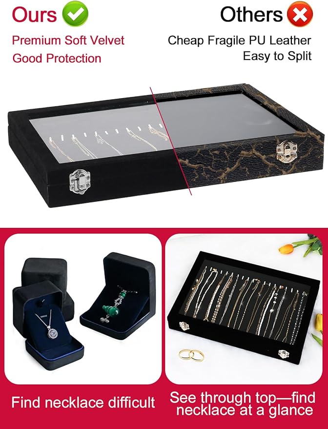 Jenseits Necklace Organizer Box, Tray with Clear Lid, Velvet Dustproof Necklaces Holder Storage Display Case, 20 Hooks Glass Top Jewelry Tray Drawer Insert for Pendant Bracelet