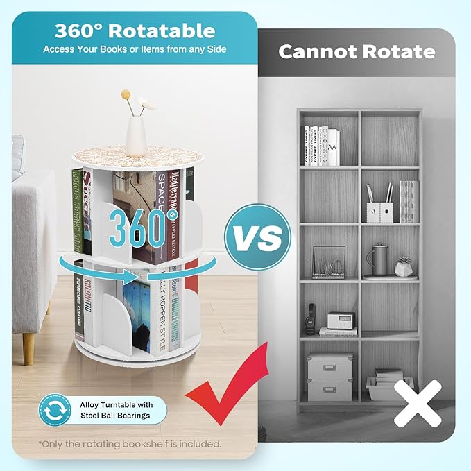 Rotating Bookshelf, 360° Spinning Bookcase with 8 Compartments, Modern White Kids Bookshelf for Small Spaces, Sturdy PVC Storage Organizer for Living Room, Bedroom, Study Room (2)