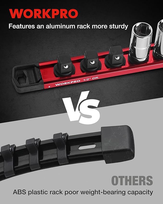 WORKPRO Magnetic Socket Organizer, 1/2" Drive Aluminum Alloy Socket Holder, Heavy Duty Socket Rail with 10 PC Removable Socket Clips, Socket Organizer Tray for Tool Box Drawer (Sockets Not Included)