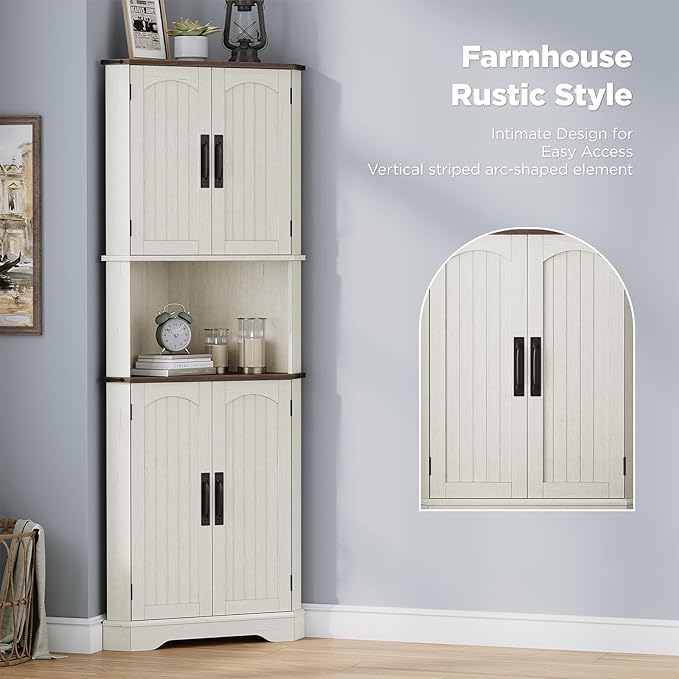 Maupvit Tall Corner Cabinet, Farmhouse Corner Storage Cabinet with 4 Barn Doors and Adjustable Shelves, Storage Pantry Cabinet for Kitchen, Living Room, Laundry Room, White