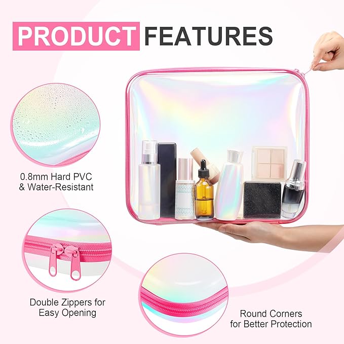 Sanwuta 6 Pcs Clear Hard Zipper Case Hard Plastic Zipper Pouches Transparent Makeup Bag Pencil Pouches for Travel Snacks Christmas Trinket Storage Organizer Box(Holographic,13.78 x 11.81 x 2 Inch)