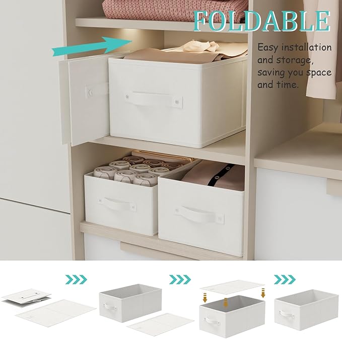 Fabric Storage Boxes for Shelves, 3 Pack Foldable Cloth Bins, Closet Organizers System with 2 Handles, Durable and Sturdy, Saving Space, Beige, 16.1 x 9.8 x 6.5 In, XSNY11BEM-3