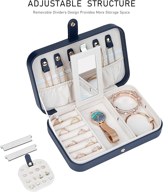Travel Jewelry Case, Jewelry Box Small PU Leather Portable, Jewelry Travel Case for Rings Earrings Necklaces Bracelets Watch, Navy B