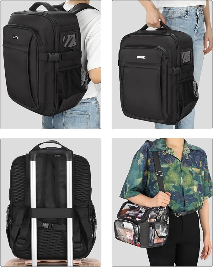 Relavel Professional Makeup Case Makeup Backpack and Clear Makeup Brush Case for Makeup Artists, Durable Water-resistant Material, with Shoulder Strap and Adjustable Dividers Black