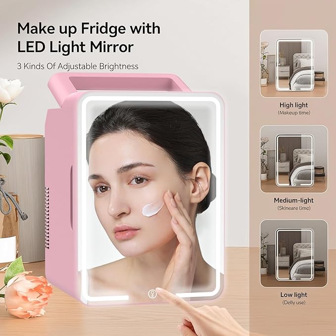 12L Skincare Fridge with Mirror & LED Lighting, 3-Mode Dimmable, Cooler & Warmer for Makeup, Cosmetic, Beauty, Portable Mini Beauty Fridge for Bedroom, Vanity, Car & Home Use