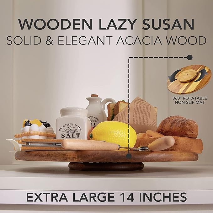 Acacia Wood Lazy Susan Wood Turntable Tray Cabinet Organizer, 16"