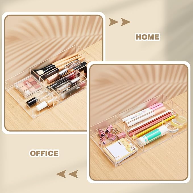 Clear Acrylic Desk Drawer Organizer 11 x 6.1 x 1.38 Inch Storage Tray Organizer for Pens, Stationery, Desktop, Office, Bathroom, Kitchen, Makeup Supplies (6 Compartments)