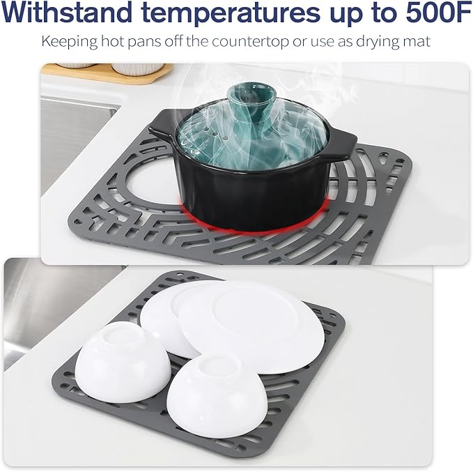 2PCS Silicone Sink Protector 12"x14" Rear Drain Hole, Heat Resistant Non-slip Dishwasher Suitable, Sink Mat for Bottom of Farmhouse Kitchen Stainless Steel Sinks(Grey)