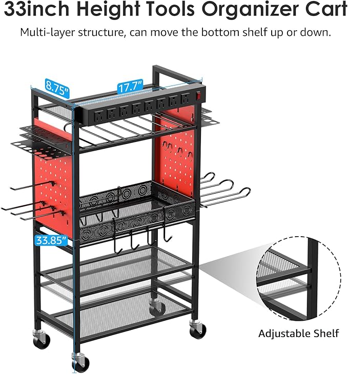 CCCEI Power Tool Organizer Cart with Charging Station, Garage Floor Rolling Storage Cart on Wheels for Mechanic, Mobile 6 Drill, Tool Box Utility Cart with Battery Charging Power Strip, Red.