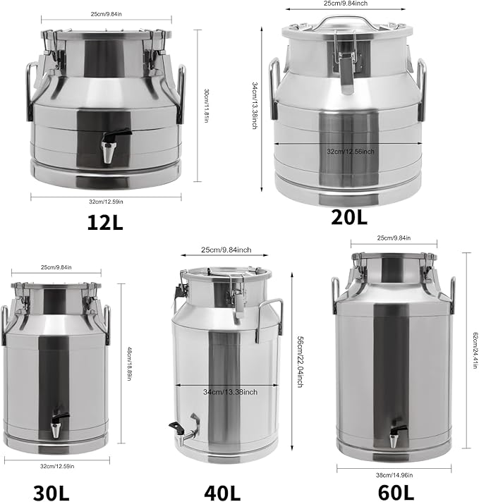 12~60L Heavy-duty 201 Stainless Steel Milk Can with Drip-free Spigot, Water Beverage Drink Dispenser Milk Pail Bucket for Milk Wine Oil (60L)