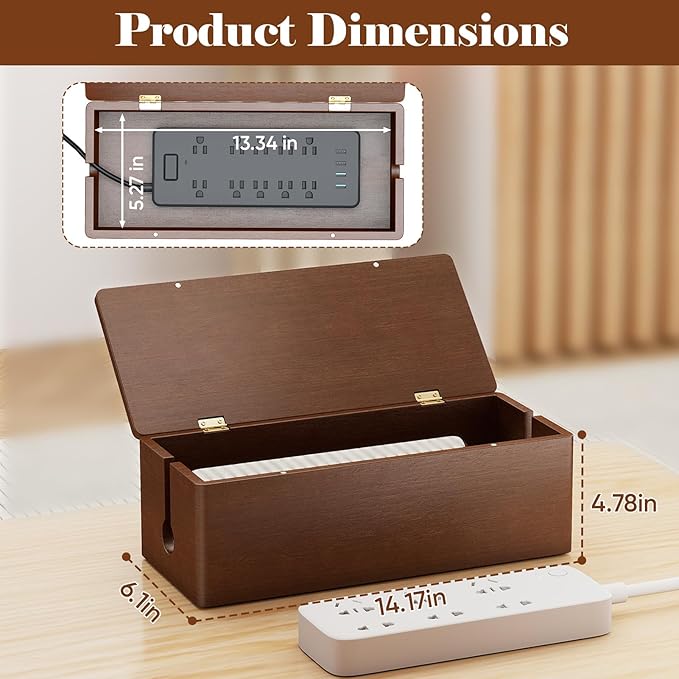 Delamu Cable Management Box Wooden with Magnetic Lid, Duty Desk Cord Organizer Power Strip Cover Box with Ventilation for Desk, Floor, Home Office, Baby Pets Safe Storage Solution