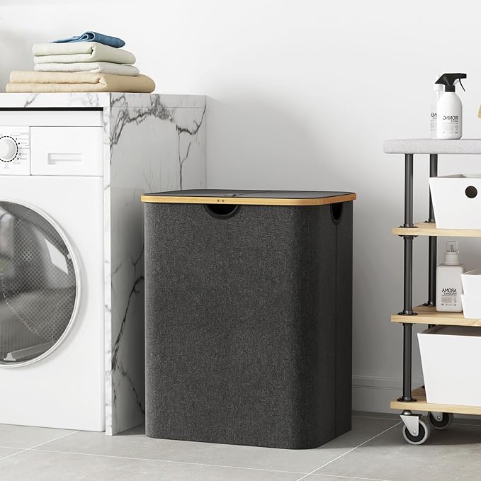 Lifewit 120L Laundry Basket with Lid, Clothes Hampers for Laundry with Bamboo Handles and A Removable Laundry Bag, Large Foldable Hamper for Bedroom, Bathroom, Dorm, Laundry Room, Dark Gray
