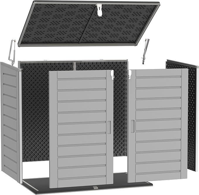 Horizontal Outdoor Storage Shed, 304 Gallon Resin Storage Shed with Lockable Doors & Lift Lid, Waterproof Backyard Shed for Trash Cans, Tools & Patio Equipment (Upgraded Version)
