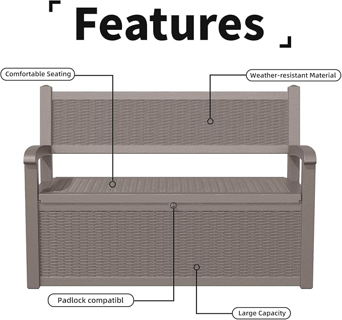 Outdoor Storage Bench - Waterproof Resin Patio Bench, Multi-Functional Patio Bench with Storage for Garden, Deck, or Entryway