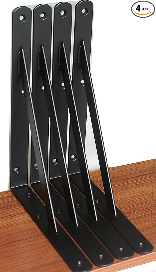 4 Pack L10 x H 8" Black Heavy Duty Shelf Brackets with Screws Metal Shelf Brackets Shelf Support Angle Brackets for Shelves L Brackets Heavy Duty Floating Shelf