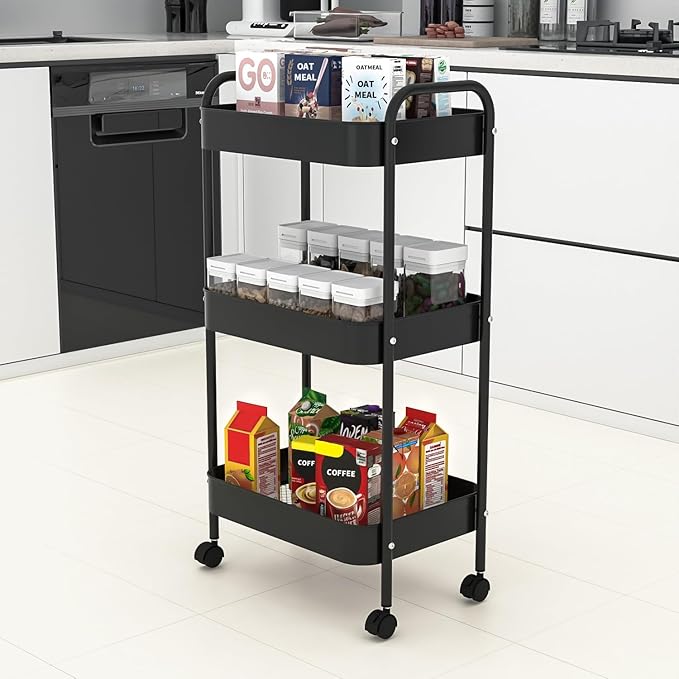3-Tier Metal Utility Rolling Cart, Multi-Functional Storage Trolley for Office, Living Room, Kitchen, Movable Storage Organizer with Wheels, Black
