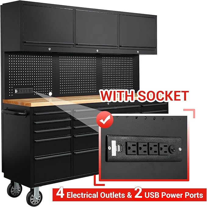 CT Copper Tailor 72-inch Rolling Tool Chest with Integrated Power Strip,15 Drawers and Wheels, Garage Workbench with Storage, 3 Upper Cabinets, Pegboard in Matte Black