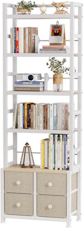 5 Tier Bookshelf, Modern Bookcase with Bookends and 4 Drawers Storage Organizer, Metal Industrial Display Shelf, Free Standing Storage Shelving Unit for Bedroom, Living Room and Home Office