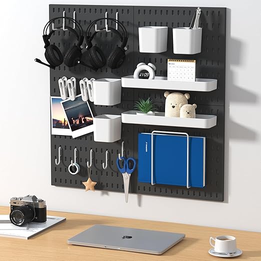 Peg Board Combination Kit, 4 Pegboards with 20 Accessories, Pegboard Wall Organizer for Office, Nursery & Home Storage, Key Holder, 25.6"x25.6" – Nail-Free Installation（Black）