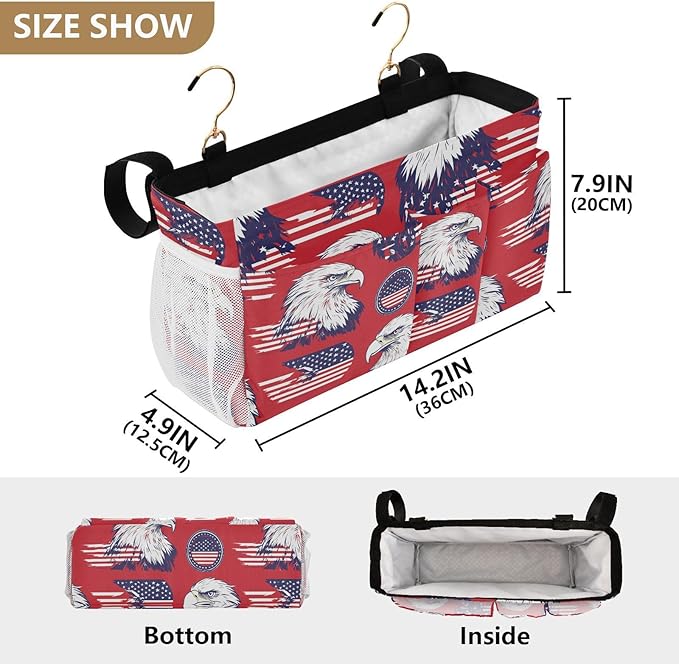 American Flag Bald Eagle Red Bedside Caddy for Dorm Bed Bedside Hanging Caddy Bag Iron Frame Storage Organizer Pocket for Bunk Home College Hospital Beds 2 Hooks