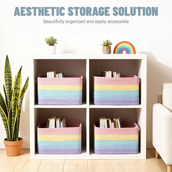 5 Pack Rainbow Woven Storage Baskets for Shelves, Decorative Toy Baskets Organizer for Kids Room, Nursery, Playroom, Classroom – Colorful Cotton Rope Toy Storage Bins for Organizing & Decor