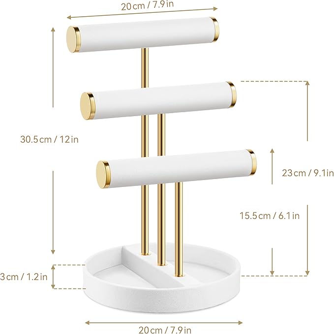 Bracelet Holder Jewelry Organizer Display - 3 Tier T Bar Velvet Stand, White Necklace Holder Organizer, Bracelet Holder, Earring Holder and Ring Display for Jewelry Organizers and Storage