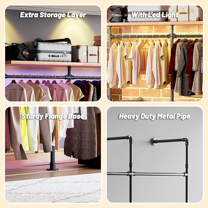 Industrial Pipe Clothing Rack, Reversible 118.3'' Clothes Rack for Hanging Clothes, Black Wall Clothing Rack Wall Mounted Rack for Walk-in Closet, Laundry Room or Retail Display (丨丨丨-with board)