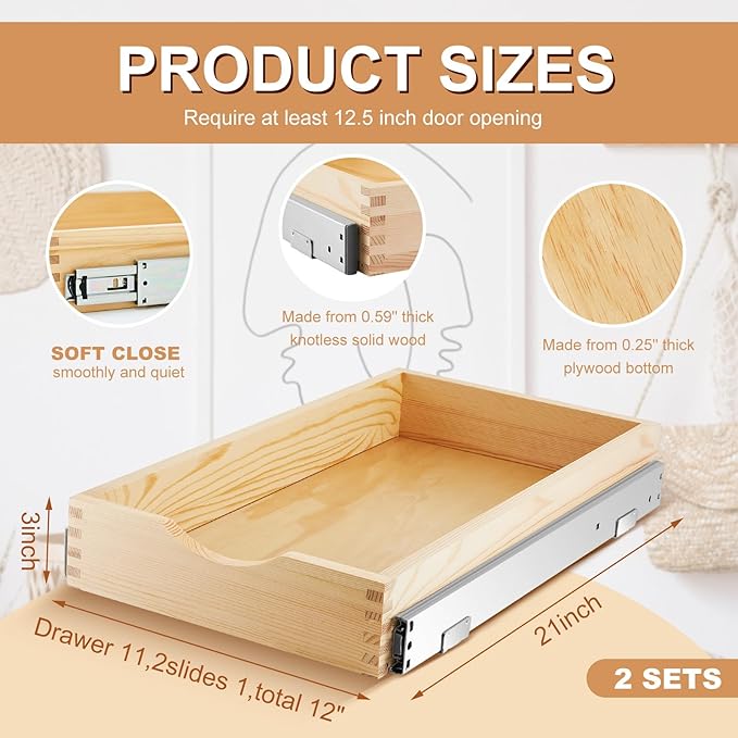 Menkxi 2 Set Pull out Tray Cabinet Organizer Wooden Pull Drawers storage Slide out Pantry Shelf for Base Cabinet Kitchen Gentle Close Fully Assembled Accessories(Wood Color,12'' X 21'' X 3")
