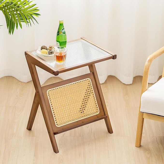 GOFLAME Rattan Side Table, Z-Shaped End Table with Tempered Glass Top, Magazine Rack, Boho Night Stand, Small Coffee Table, Bamboo Accent Bedside Table for Living Room, Bedroom, Walnut
