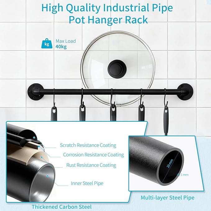 Pan Pot Lid Organizer Set of 2 Wall Mounted Industrial Pipe Kitchen Hanger Rack For Pan Pot Lid Utensils Mugs Kitchen Storage Hanging Bar With 10 Hooks