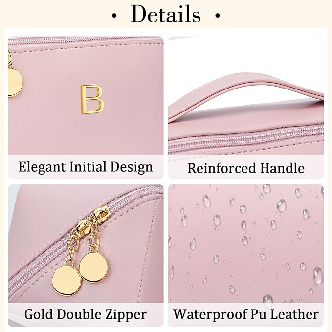 Birthday Gifts for Women Teen Girl, Personalized Initial Makeup Organizer Bag Set, Open Flat Travel Cosmetic Bag With Clear Divider and Handle(Pink,B)