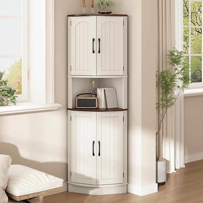 Tall Corner Cabinet, 64.7" Corner Storage Cabinet with 4 Doors and 5 Storage Shelves, Farmhouse Space Saver with Arched Door Design for Living Room, Kitchen, Bathroom, Office