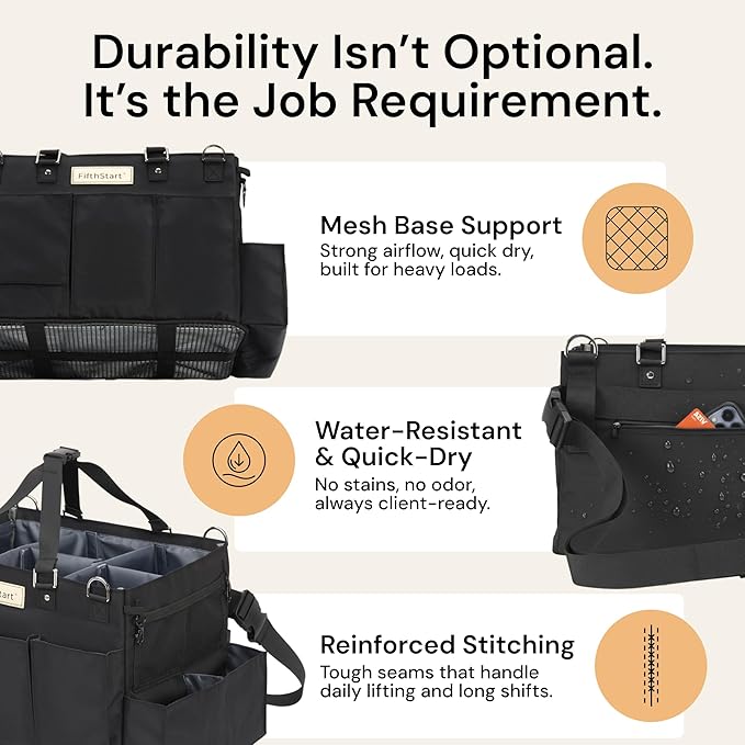 FifthStart Cleaning Supplies Organizer Tote & Caddy - X-Large, Black Nylon - Adjustable Straps for Cleaning Tote - 9 Pockets & Dividers in Organizer Bag - Durable Nylon Construction for Diaper Caddy