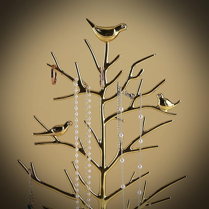 MORE&LESS Branch Jewelry Rack with metal tray,Luxury color,Tree Tower Rack Hanging Organizer for Ring Earrings Necklace Bracelet,Suitable for living rooms, bathrooms,offices,etc.