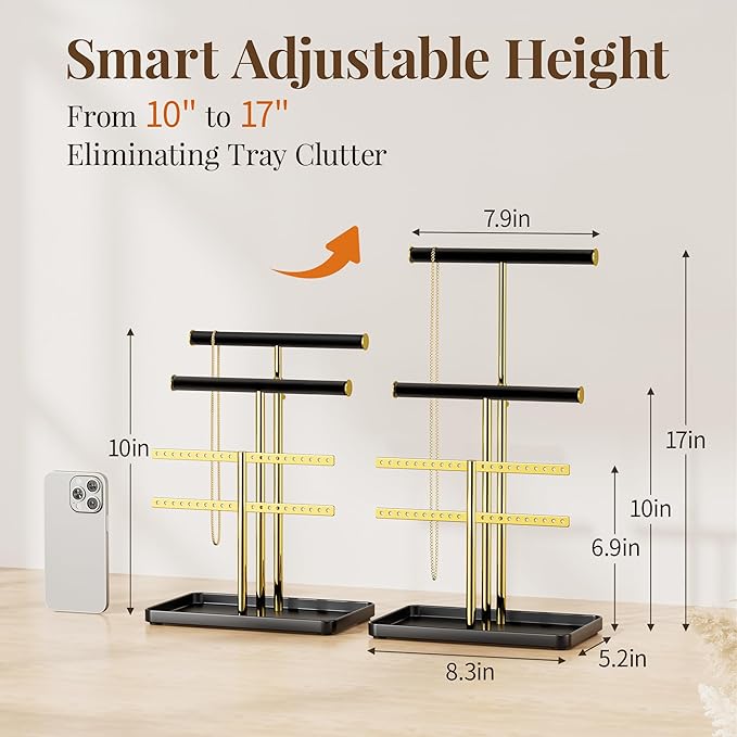 pickpiff Jewelry Holder Organizer with Velvet, Adjustable 10"-17" Tall, Metal Stand for Display Bracelet, Necklace, Earrings, Rings, Black and Gold