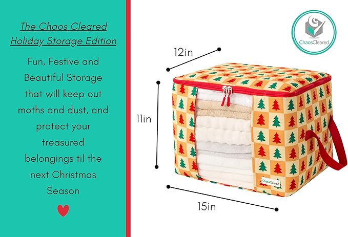 Designer Christmas Canvas Clothing Storage Bags 2 Pack Clothes Organizer bags for sweaters, clothing, garments, quilt, linens, large folding organizers with zip & window, moth proof space saver