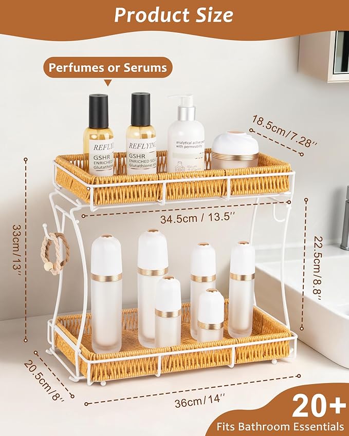 Bathroom Organizer Countertop Perfume Organizer Makeup Organizer Cosmetics Storage Display Rack Vanity Tray, Handwoven Imitation Rattan Tray Perfume Holder for Dresser, Kitchen, Counter (White)