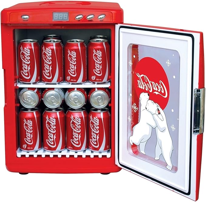 Coca Cola Mini Fridge - Refrigerator for Bedroom Office, Portable Table Top Beverage Cooler, 12V 110V Refrigerador For Drinks, Soda, Wines, Use In Car, Outdoor, Patio, 28 Can