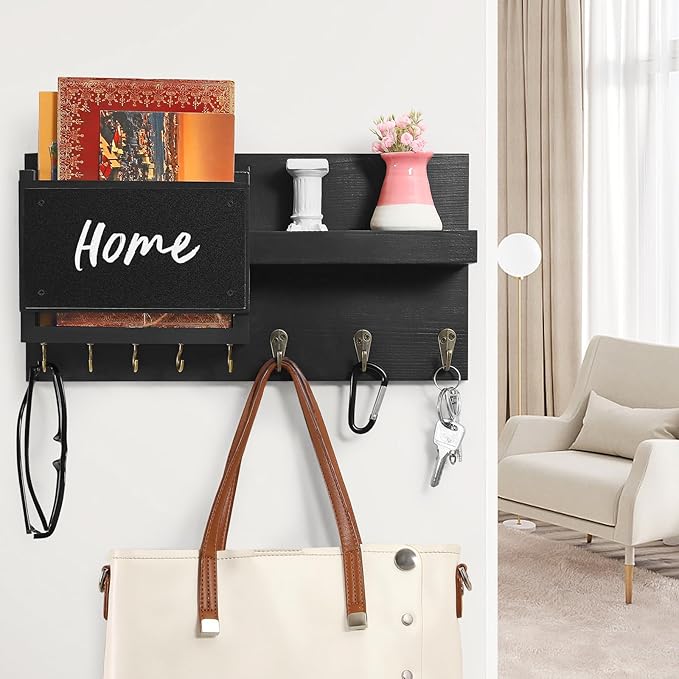 Decorative Key Hanging Rack with 8 Hooks – Easy Install Natural Wooden Key and Mail Holder for Wall Mount – Sunglasses Wallet Holder Entryway Decor with Shelf and Chalkboard (Coal Black)