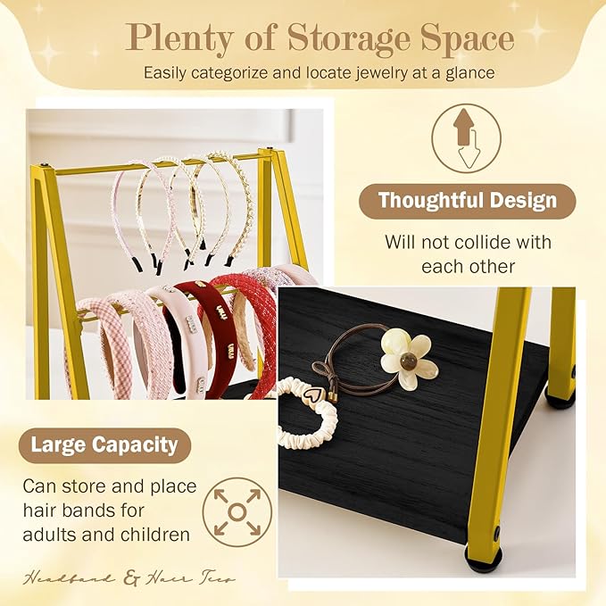 Headband Holder Organizer Metal 2-Tier Display Stand for Selling, Home Bedroom Headband Storage for Girls Women, Headband Stand Wood Base Can Store Hair Ties